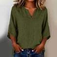 thumbnail image 2 of MaFYtyTPR Women's V-Neck Linen Top 3/4 Sleeve Collarless Casual Blouse Solid Loose Fit Three-Quarter Sleeve T-shirt for Daily Wear A-Army Green L, 2 of 6
