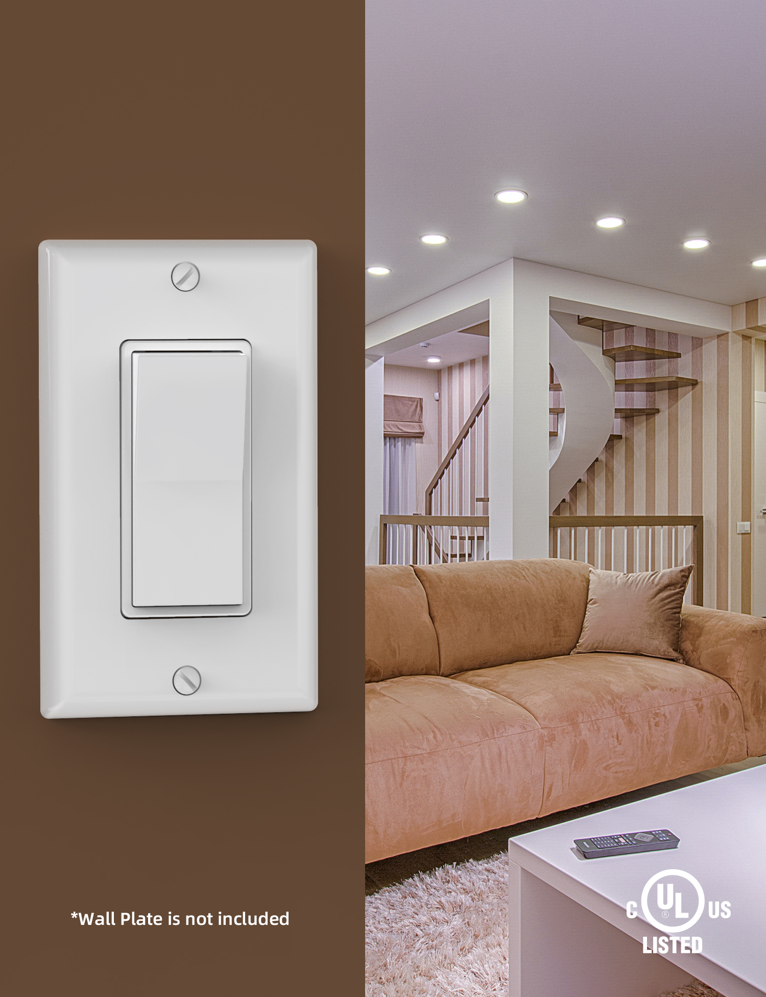 AIDA 3 Way Rocker Decorator Paddle Light Switch, Single Pole or Three Way, 3 Wire, Self-Grounding Screw, Residential Grade, 15A, UL Listed, Quick Push-in & Side Wired, White (10 Pack)