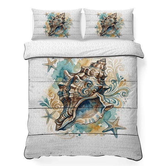 King Quilt Set 96''x106'', Nautical Coastal Bedspread Coverlet with 2 Pillow Shams, Summer Sea Starfish Conch Vintage Wooden Gray Breathable All Season Quilt Bedding for Bedroom/Guest Room