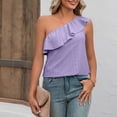 thumbnail image 5 of Women One Shoulder Top Summer Eyelet Ruffle Trim Sleeveless Pure Color Top for Female Purple M, 5 of 8