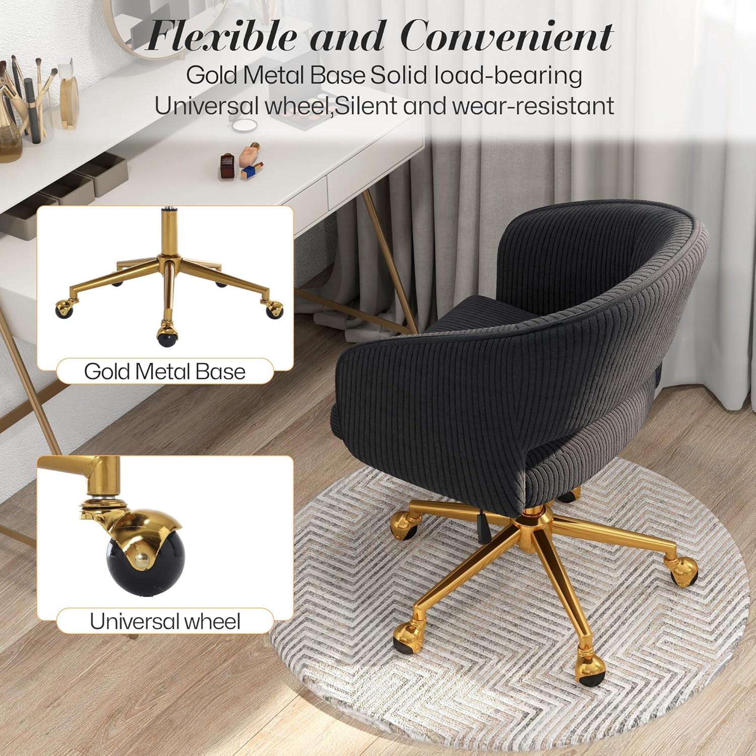 Home Office Swivel Desk Chair, Modern Corduroy Desk Chair, Height Adjustable Armchair with Gold Base, Ergonomic Office Chair for Living Room Vanity Study Computer Room, Black