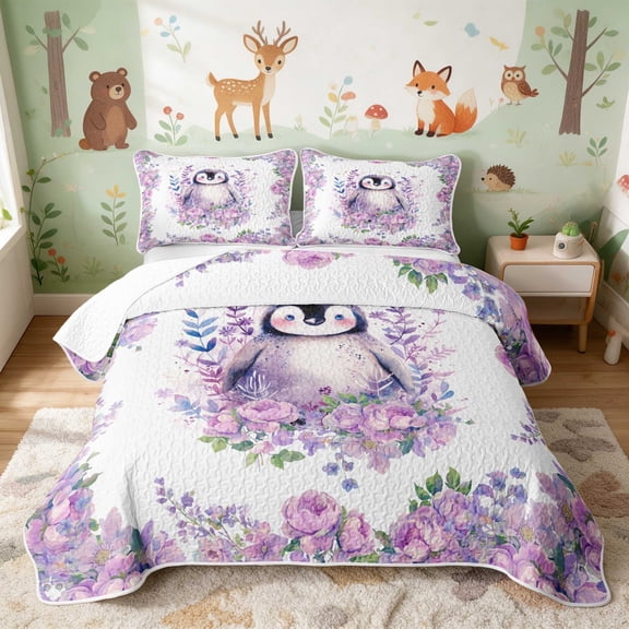 Erosebridal Penguin Twin Quilt Set for Girls, Purple Flowers Twin Coverlet Set, 2-Piece 1 Bedspread and 1 Pillowcase