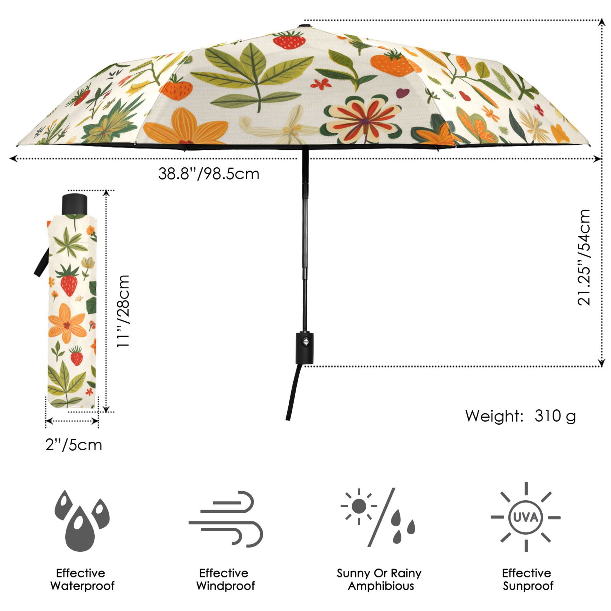 FORMRS Travel Umbrella Folding Auto Open Close Windproof Rain UV Protection, Leaves Pattern