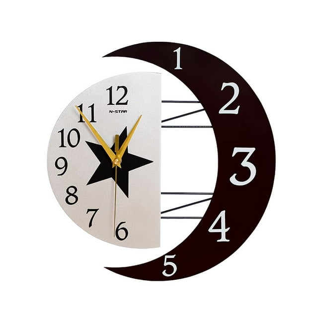Reloj de pared moderno con diseño de estrella y luna, 31 x 32 cm, silencioso