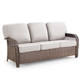 thumbnail image 4 of Opohoro 75.2" Outdoor Patio Wicker 3-Seat Couch, Brown PE Rattan Patio Furniture Sofa with Wide Armrests and Beige Cushions for Porch or Backyard, 4 of 10