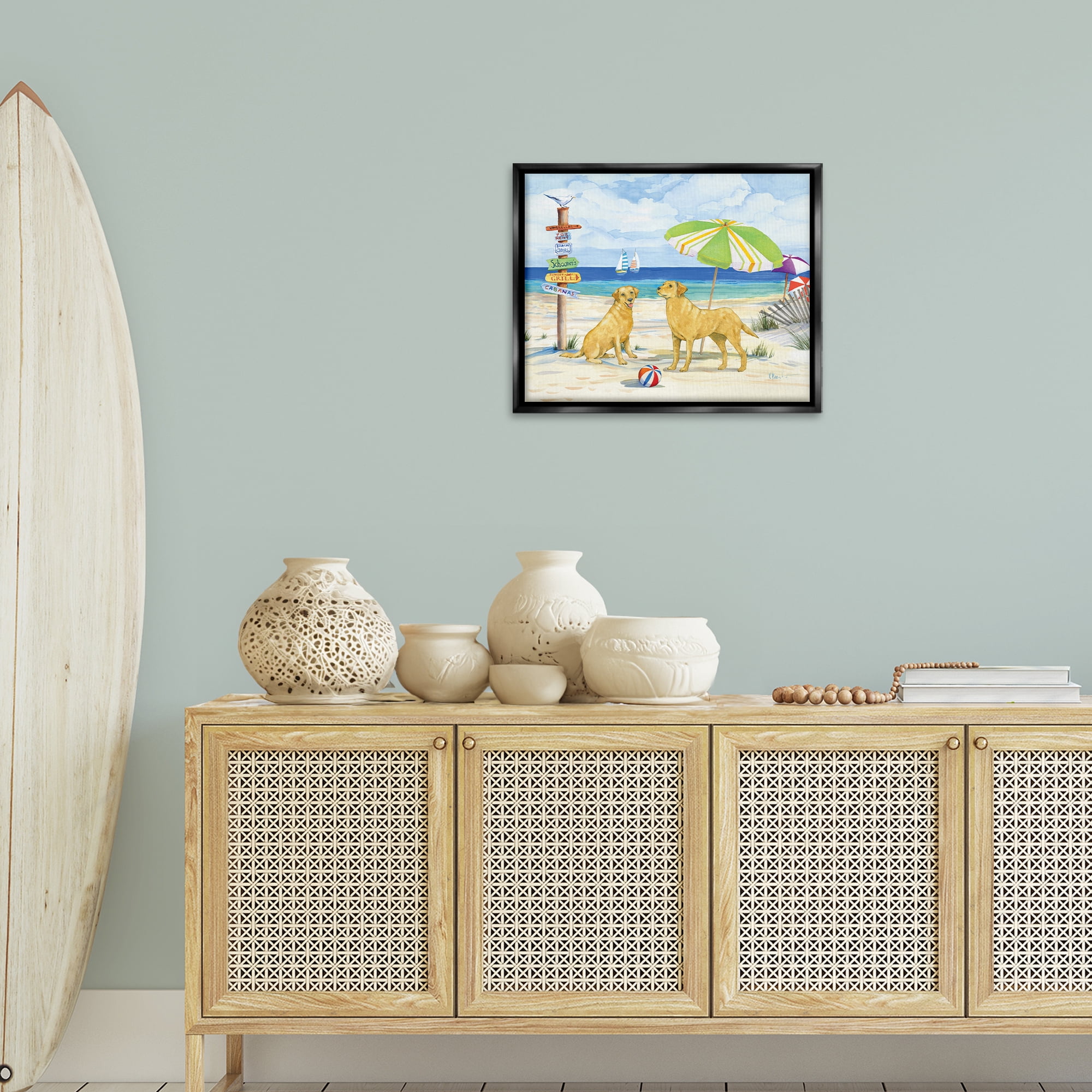 Stupell Industries Dog Beach Day Animals & Insects Painting Black Floater Framed Canvas Art Print Wall Art, 21 x 17