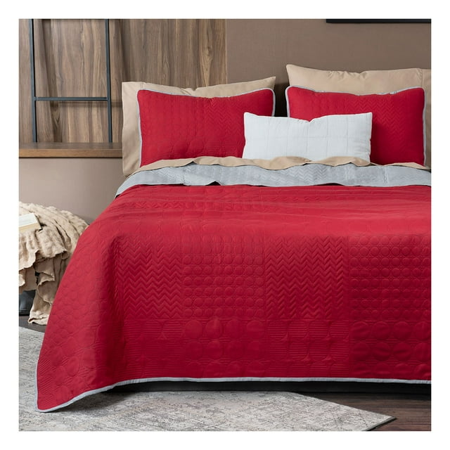 Edredón Ligero Real Textil + 2 Fundas de Almohada, Juego de Colcha Queen Size, Color Rojo/Gris