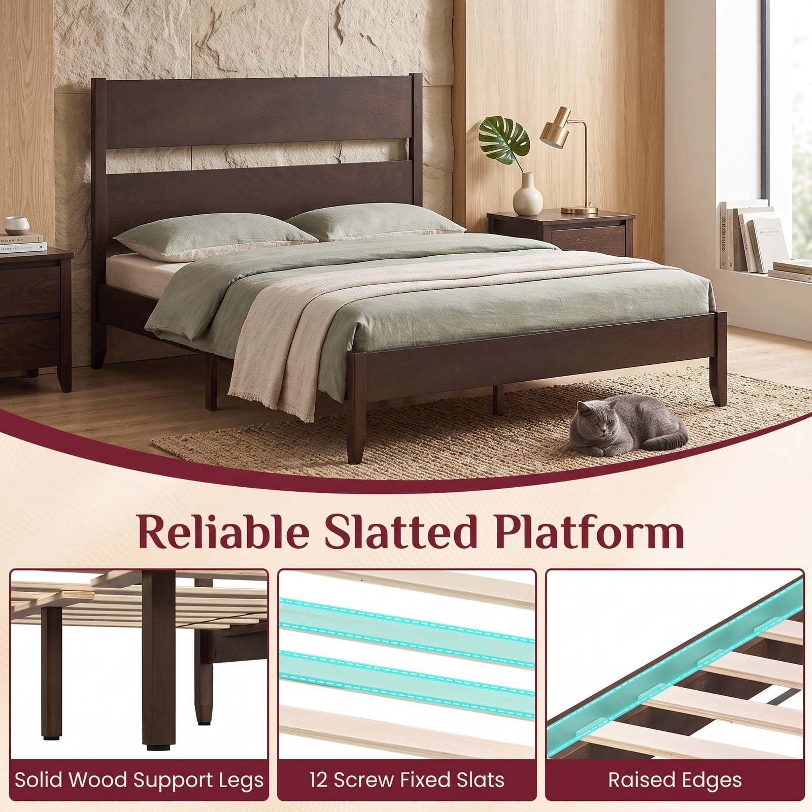 Furnibear Queen Bed Frame Wood Bed Frame with Open Slat Headboard, Queen Platform Bed Frame with Solid Wood Legs and 12 Slat Support, Dark Walnut