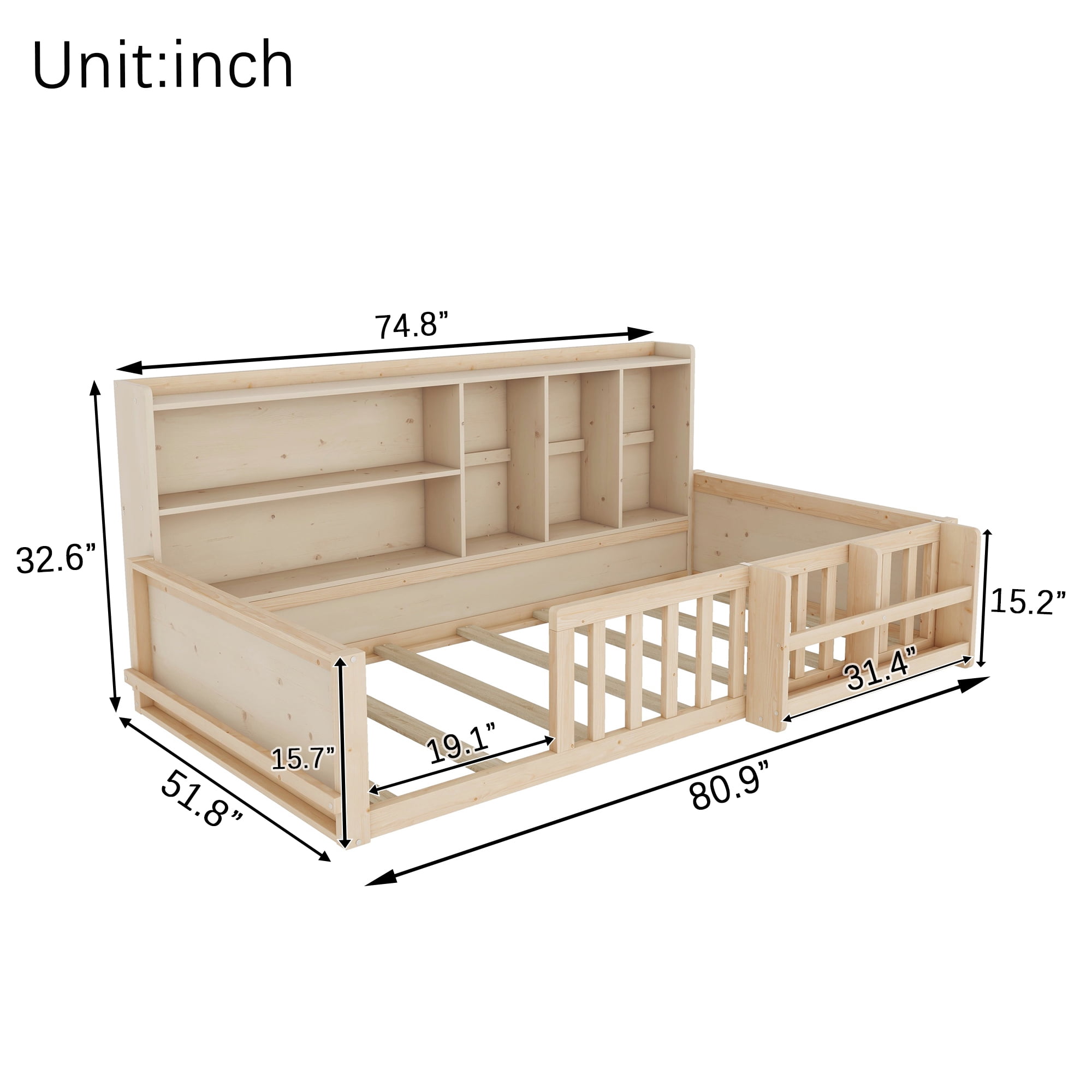 Mintazer Twin Size Montessori Floor Bed with Bookshelf & Guardrails, Kids Platform Bed Frame with Storage Cubbies for Bedroom, Natural