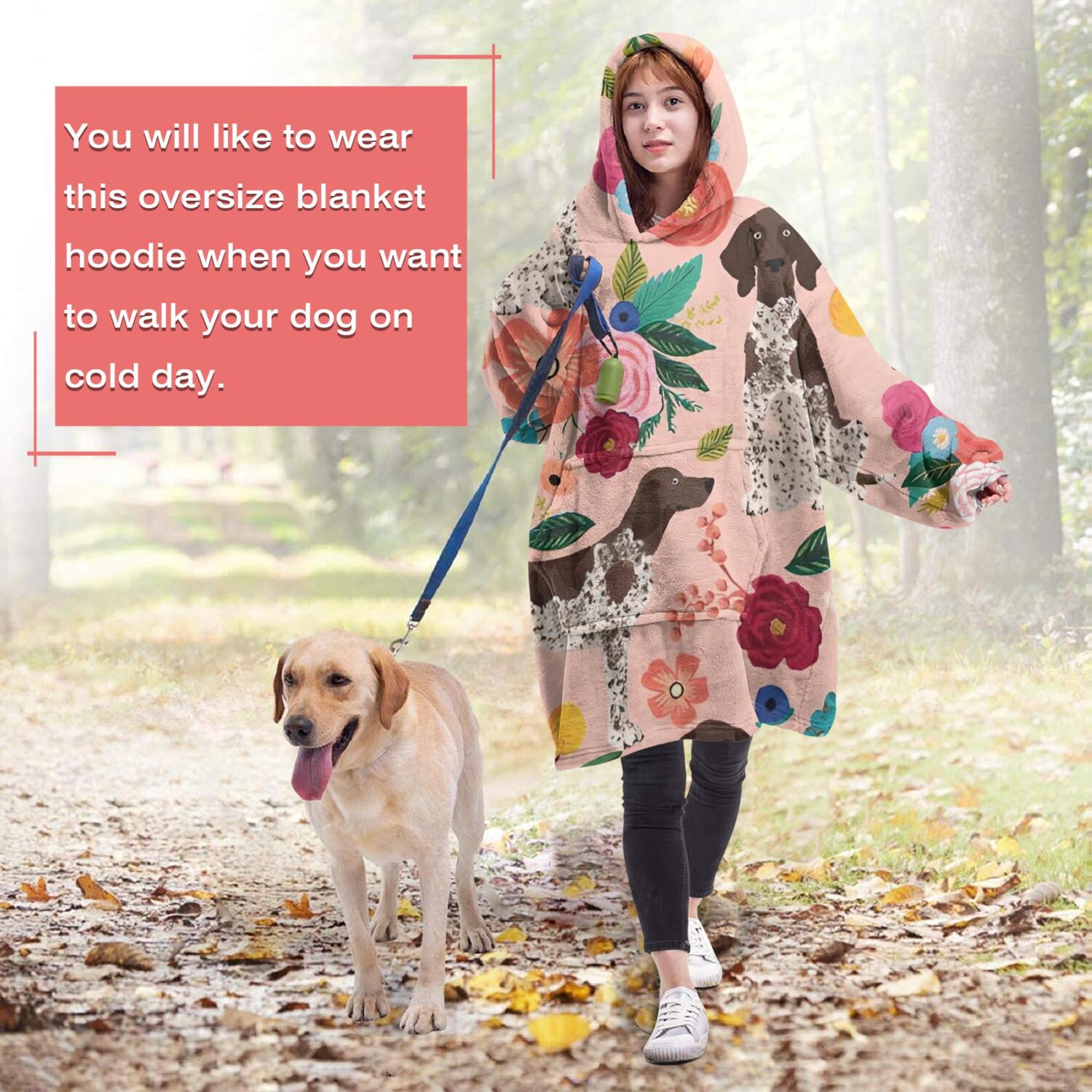 Wearable Oversized Blanket,Dogs with Pioneer Flower Wearable Blanket Hoodie for Adults,Cozy Hooded Blankets with Super Pockets,Super Warm Fuzzy Pullover for Women & Men