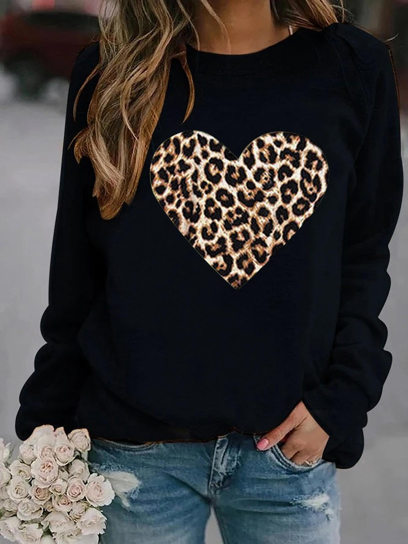 Women's Round Neck Long-sleeved Leopard Print Heart-shaped Hooded ...