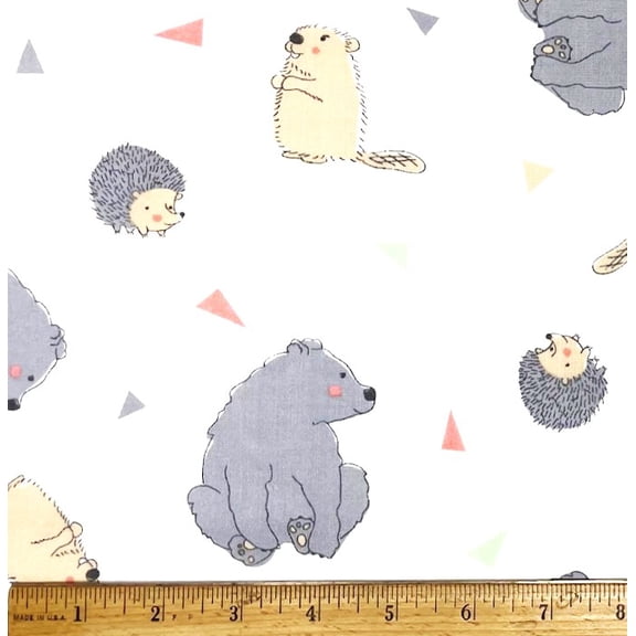 1/2 Yard - Baby Animals Bears Hedgehogs & Beaver Nursery on White Cotton Fabric (Great for Quilting, Sewing, Craft Projects, Throw Pillows & More) 1/2 Yard X 44" Wide