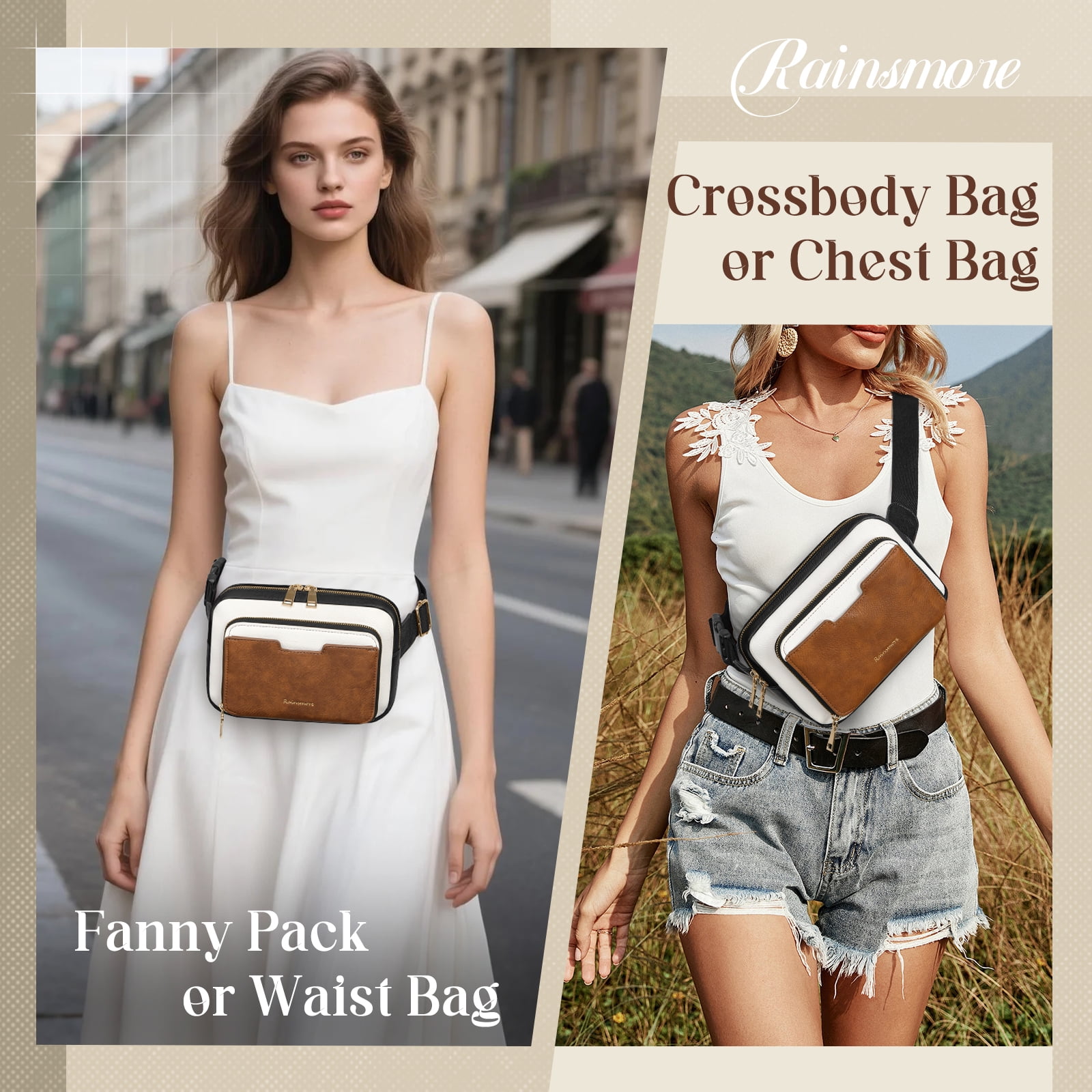 RAINSMORE Fanny Packs for Women, Leather Belt Bag Waterproof Everywhere Crossbody Waist Pack with Adjustable Strap Retro Sling Chest Bag for Work Running Travel Party,Black&Brown&White
