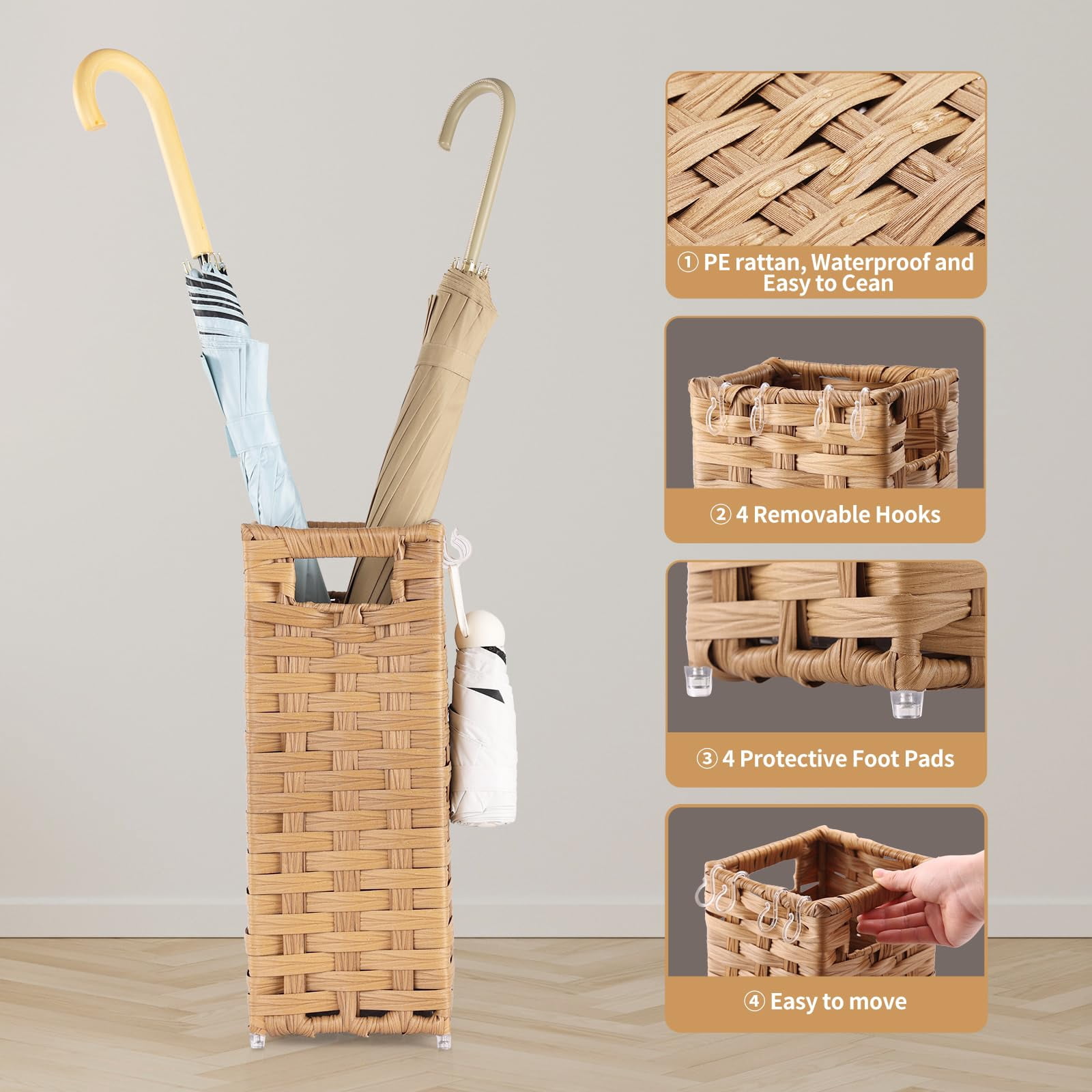 Rattan Umbrella Stand, Umbrella Holder for Entryway, Hand Woven Umbrella Rack Organizer Freestanding, with a Detachable Drip Tray, 4 Hooks, 11.8" L x 5.5" W x 16.5" H