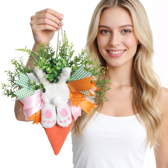 Easter Wreath, 17.7 inch Easter Font Door Wreath with Easter Bunny and Carrot and Decorative Bow, Cute Spring Front Door Decoration for Home Farmhouse Wall Mantel Window Home Decor