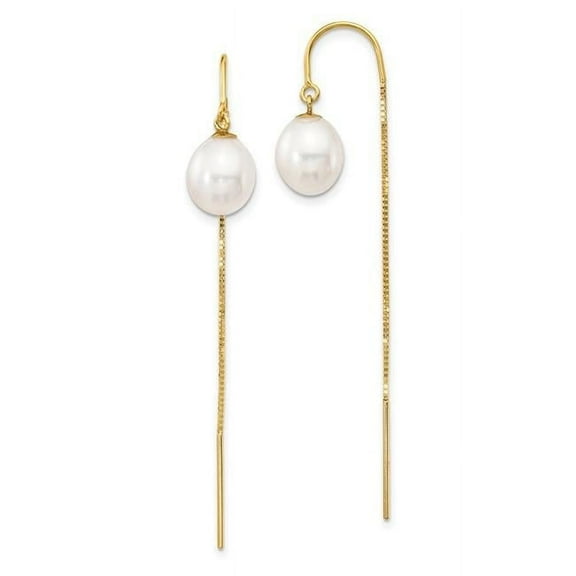 14k 7-8mm White Rice Freshwater Cultured Pearl Box Chain Threader Earrings XF710E