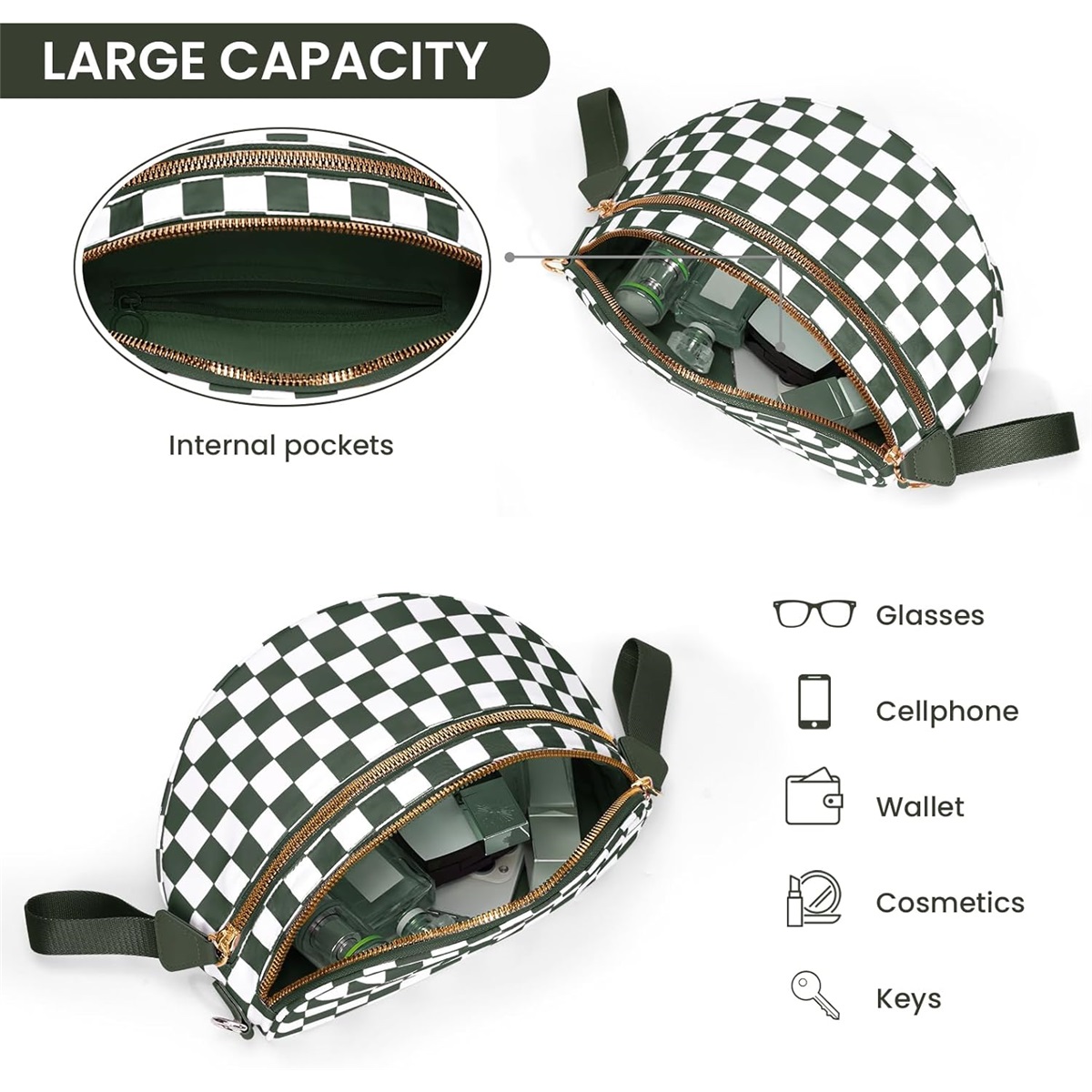 Luxury Checkered Crossbody Bag,Spacious Bum Bags for Women Nylon Crossbody Fanny Packs Checkered Purse Belt Wallet