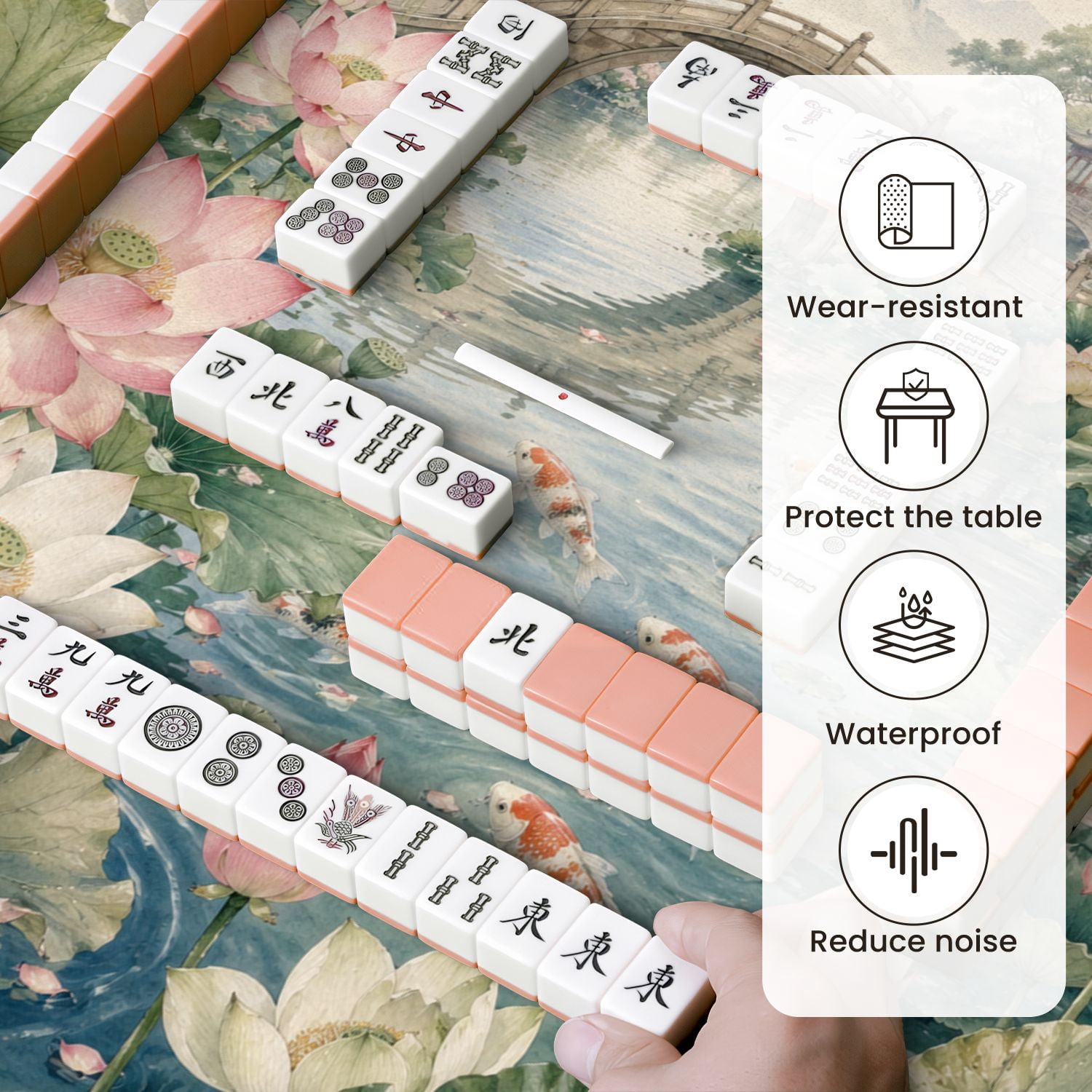 Mahjong Mat 31.5" x 31.5" Serene Lotus Pond Fish Stone Bridge Traditional Garden Pavilions Non-Slip Noise Reduction Mahjong Tiles Table Cover for Dominoes Poker Card Board and Tile Games