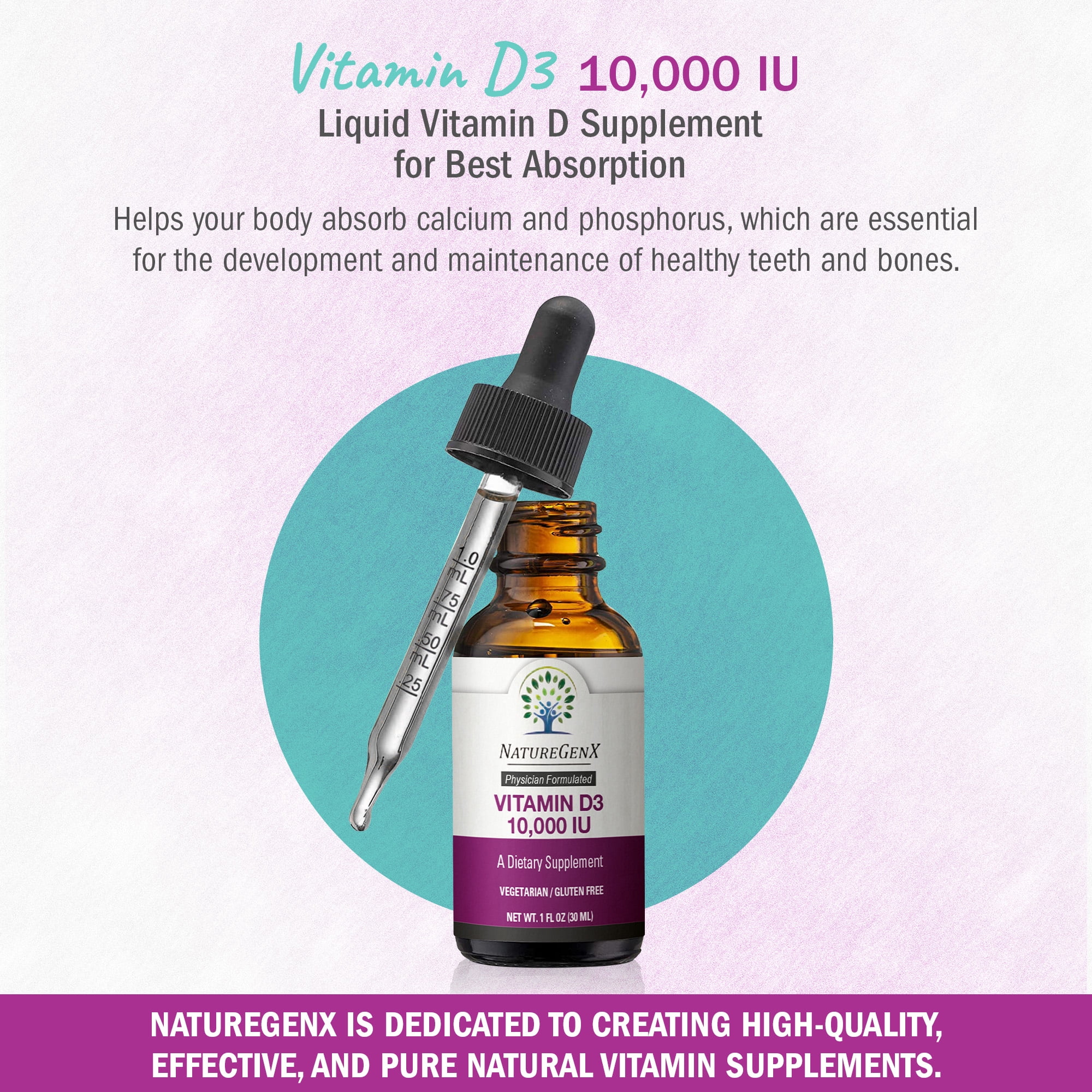 NatureGenX Vegan Vitamin D3 Liquid Drops – 10,000 IU Plant-Based Supplement for Immune Support & Bone Health – Non-GMO, Gluten-Free, Orange Flavor – 30ml (30 Servings)