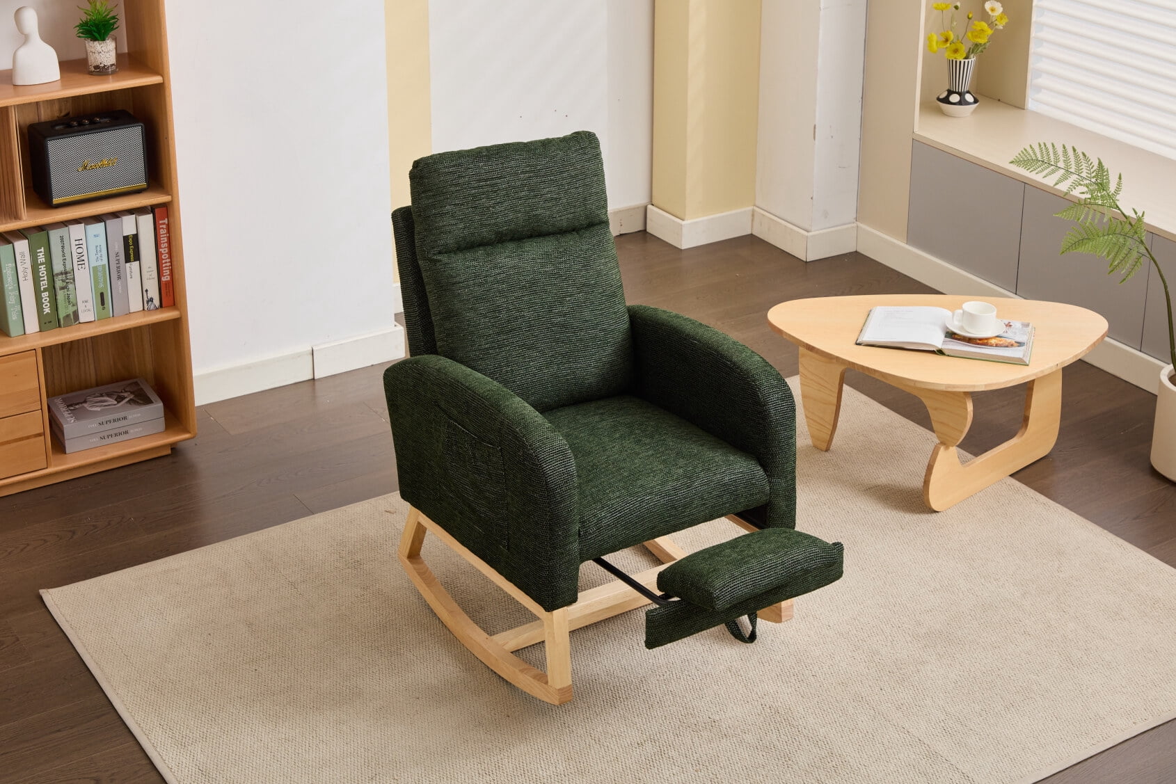 Solid Wood Legs Nursery Glider Rocking Chair with High Backrest, Upholstered Armchair Featuring Side Pocket for Baby Nursery and Living Room Comfort