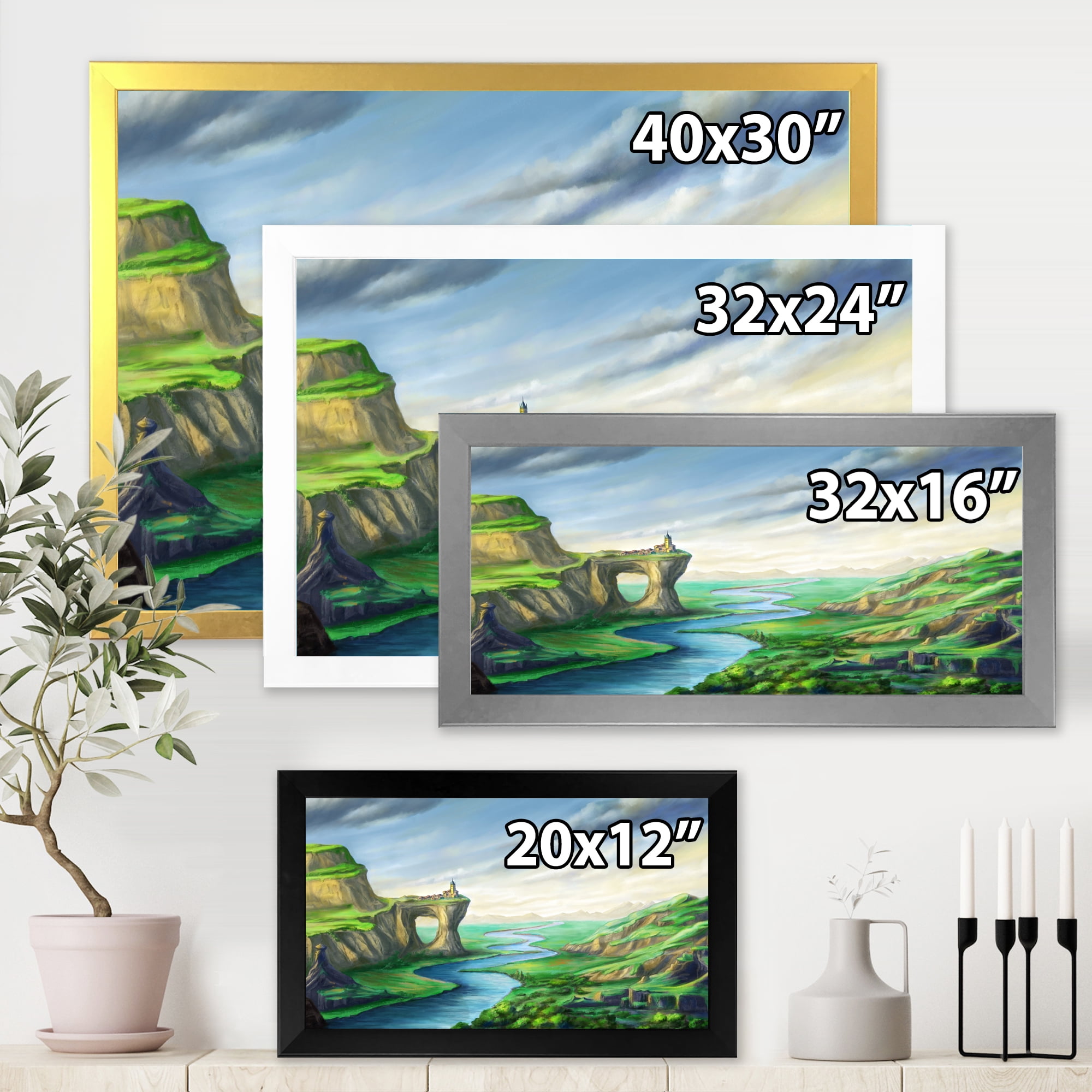 Meandering River With Blue Fantasy Landscape 32 in x 24 in Framed Painting Canvas Art Print, by Designart