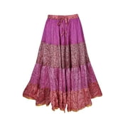 Mogul Womens Long Skirt Vintage Recycled Sari Full Flare With Golden Border A-Line Printed Tiered Bohemian Fashion Maxi Skirts