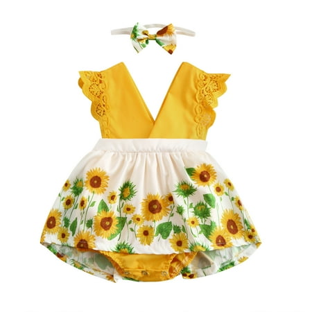 

Toddler Girl Clothes Sunflower Romper Dress+Headband Lace Bodysuitleeveless Print Romper&Jumpsuit