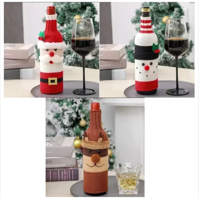 Juego de fundas navideñas para botellas de vino, bolsas tejidas para botellas de vino con muñeco de nieve de Papá Noel, decoraciones para mesa de cena, regalos de Año Nuevo(Mixed 3PCS