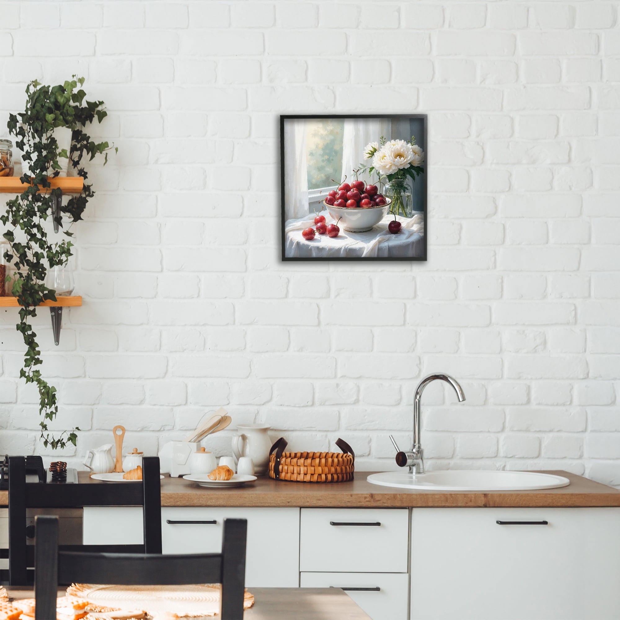 Cherries & Flowers Still Life Black Framed Giclee Art, design by Lettered and Lined