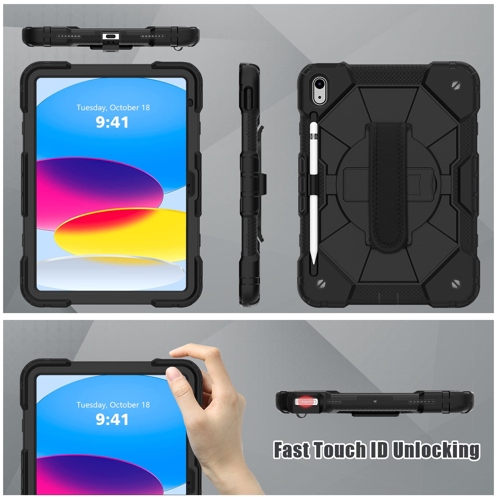 ELEHOLD Rugged Hybrid Case for iPad 11th Gen (A16) 2025 11-inch,with Built-in Kickstand 360° Rotating Handstrap Pencil Holder Crossbody Shoulder Strap Shockproof Heavy Duty Case,Black
