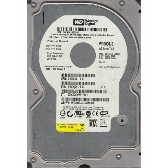 WD2000JS-60NCB1, DCM DSCHNT2CHB, Western Digital 200GB SATA 3.5 Hard Drive
