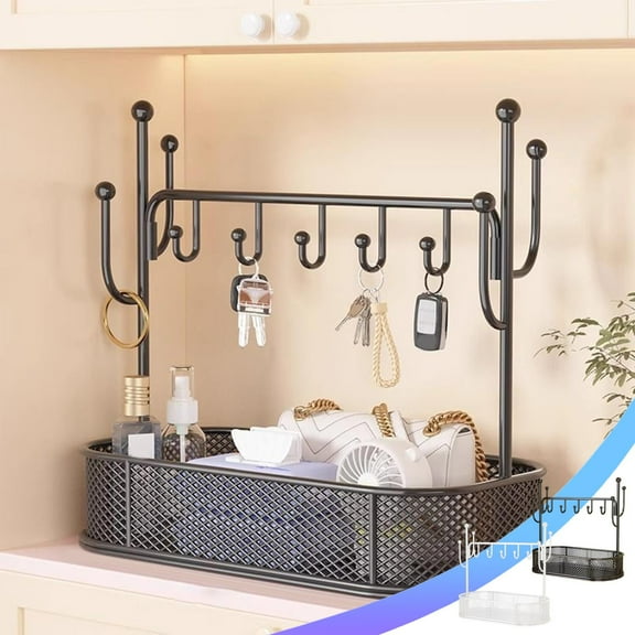 Key Storage Basket Iron Entryway Organizer | Versatile Decorative Shelf | White Desktop Rack with Hooks | Durable Metal Construction | 29.5x15.5x15cm | Single Unit | Room Decor Storage