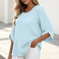 thumbnail image 5 of KTFgvq Women's Scoop Neck 3/4 Sleeve Blouses, Relaxed Fit Casual Tops, Solid Color Tees, Lightweight Linen for Vacation, Summer, Light Blue L, 5 of 7