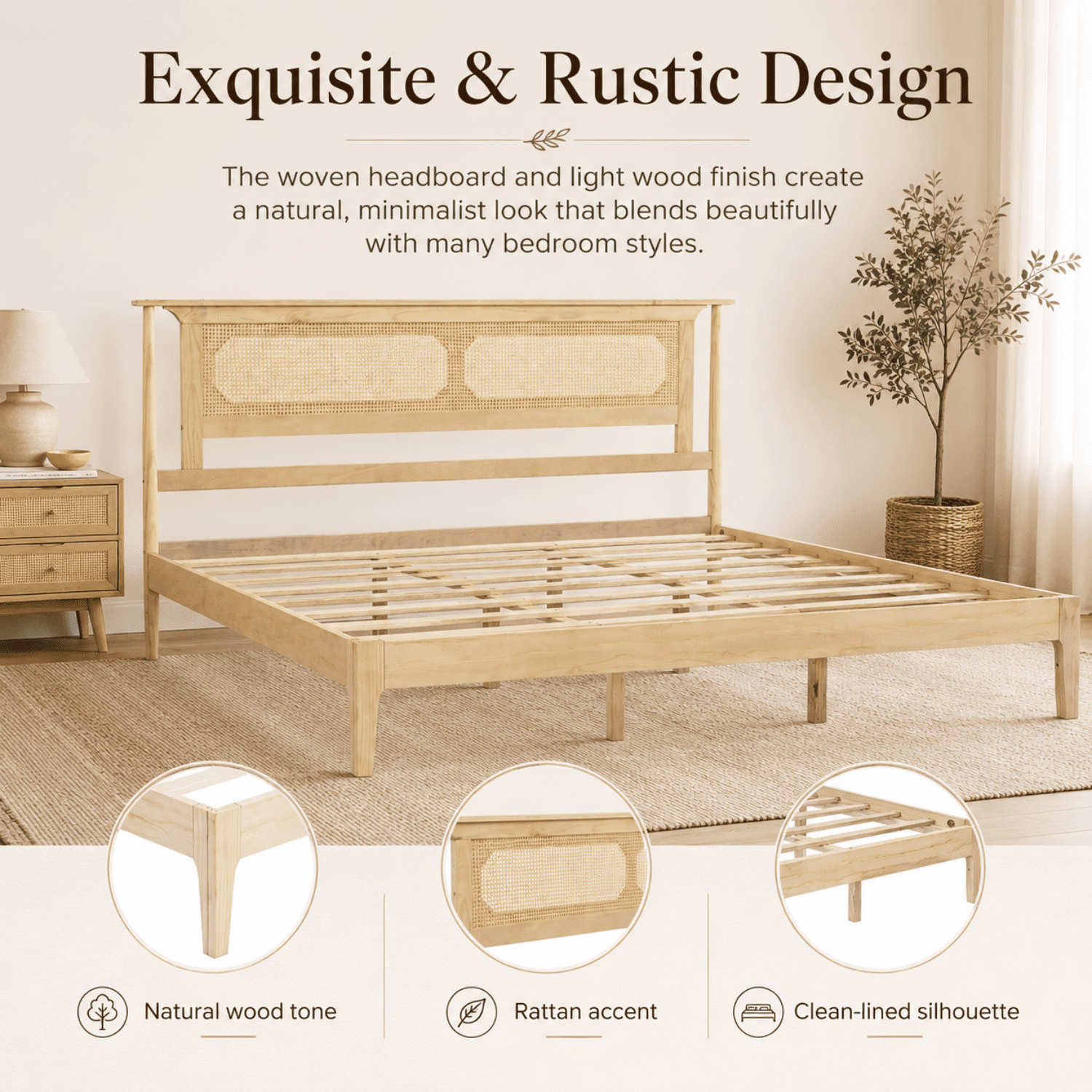 Miniyam King Bed Frame with PE Rattan Headboard, Pine Platform Bed, Natural