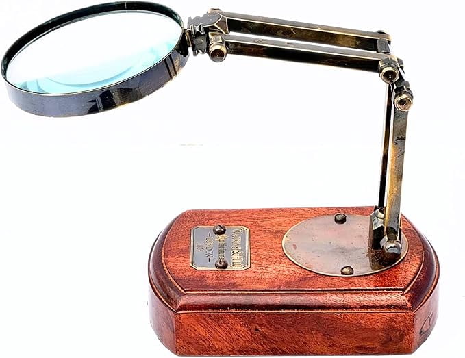 Antique Brass Victorian Magnifying Glass Desktop Decorative Reading Movable Magnifier on Wooden Base