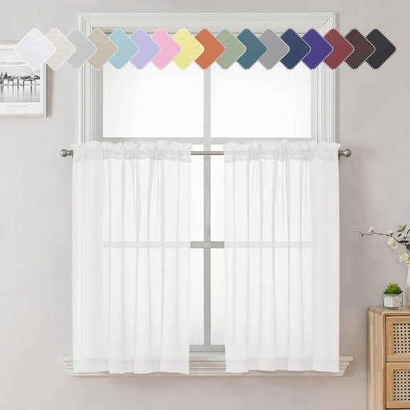 FAGRSA-White Sheer Curtains 36 Inch Length 2 Panels Set, Airy Breathable Voile Short Tiers, Elegant Gauzy Half Cafe Kitchen Curtains with Dual Rod Pocket, Each Panel 42 X 36 Inch