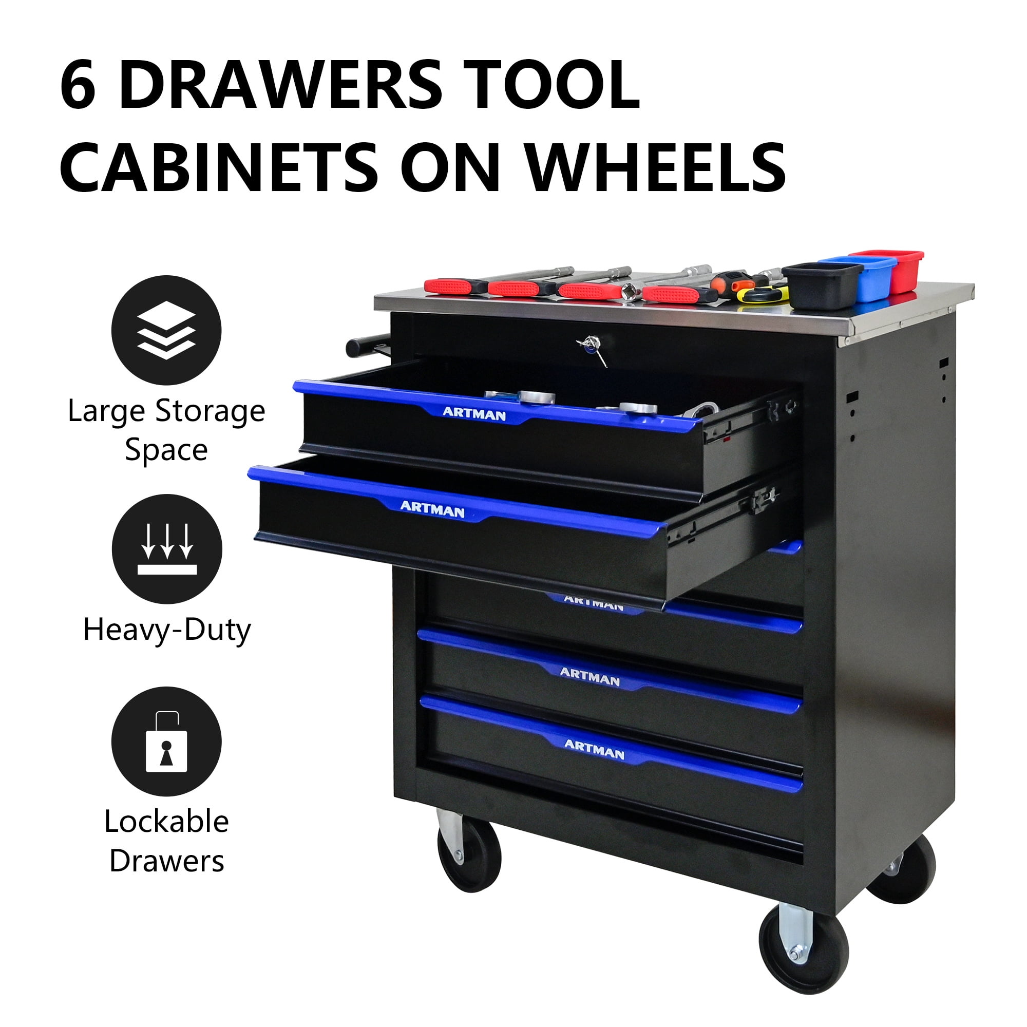 Aukfa Composable 25.9 in Tool Chest with 6 Drawers&7 Plastic Storage Box for Workshop Garage, Black