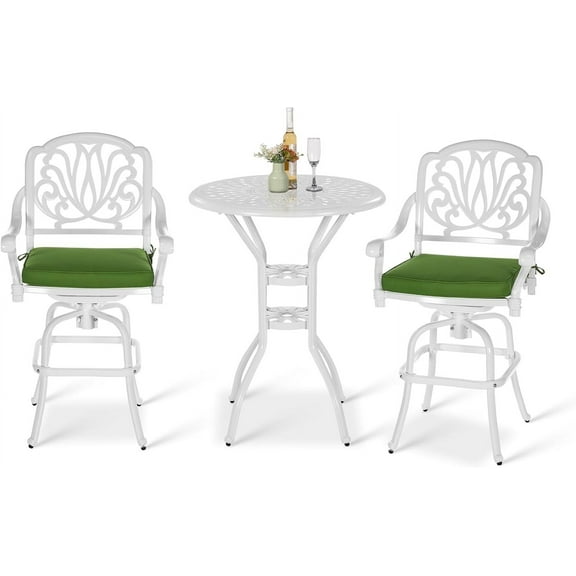 VIVIJASON 3-Piece Patio Swivel Bar Stools Set, All Weather Cast Aluminum Outdoor Bar Height Bistro Set with 2 Cushioned Bar Chairs & 31" High Bar Table w/Umbrella Hole for Backyard, Lawn, White
