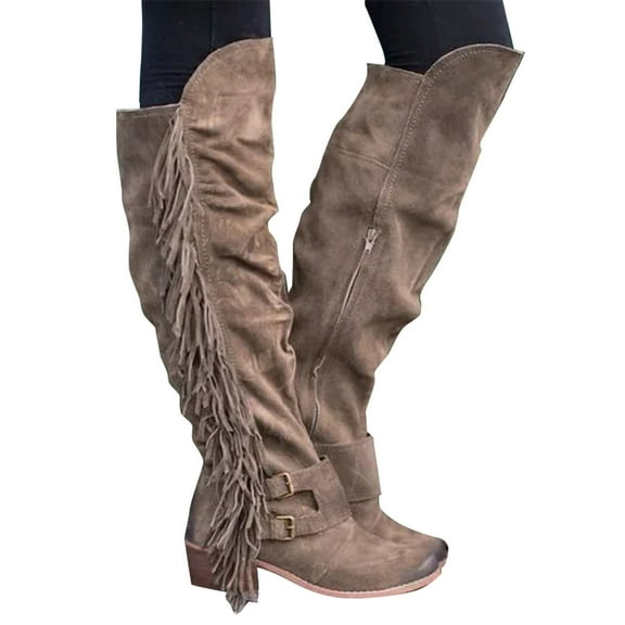 NOKIO Women Mid Calf Boots Ladies Over The Knee Long Boots Fringe Western Cowboy Bootie Pointed Toe Heel Tassel Boots Autumn Winter Casual Shoes Women'S Knee High Suede Riding Boots