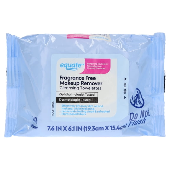 Equate Fragrance Free Makeup Remover Cleansing Towelette, 40 Count