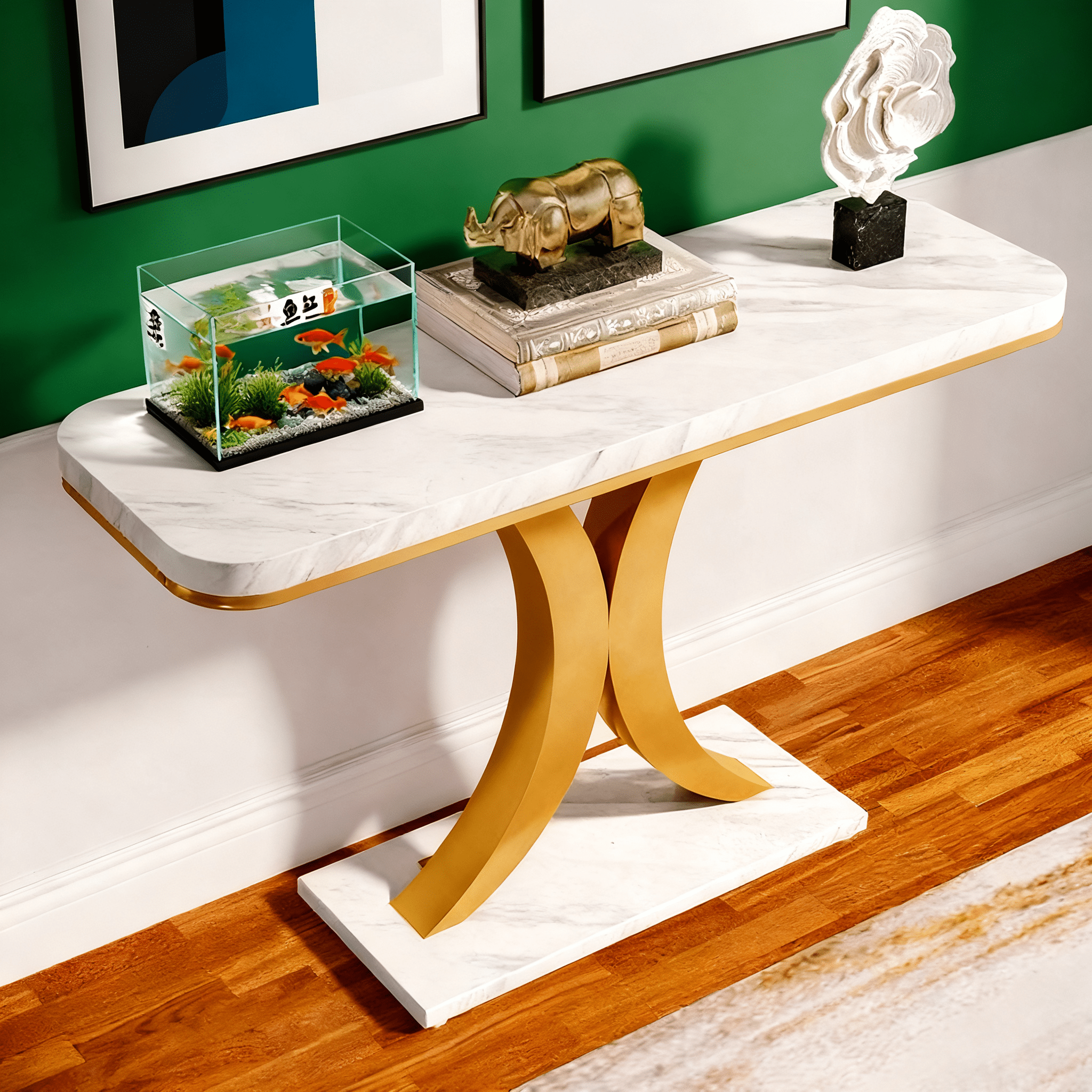 39.4" Industrial Console Table - Rustic Brown Wood Grain with Curved Edge, Heavy-Duty Geometric Base, Narrow Entryway Table for Living Room, Hallway & Foyer