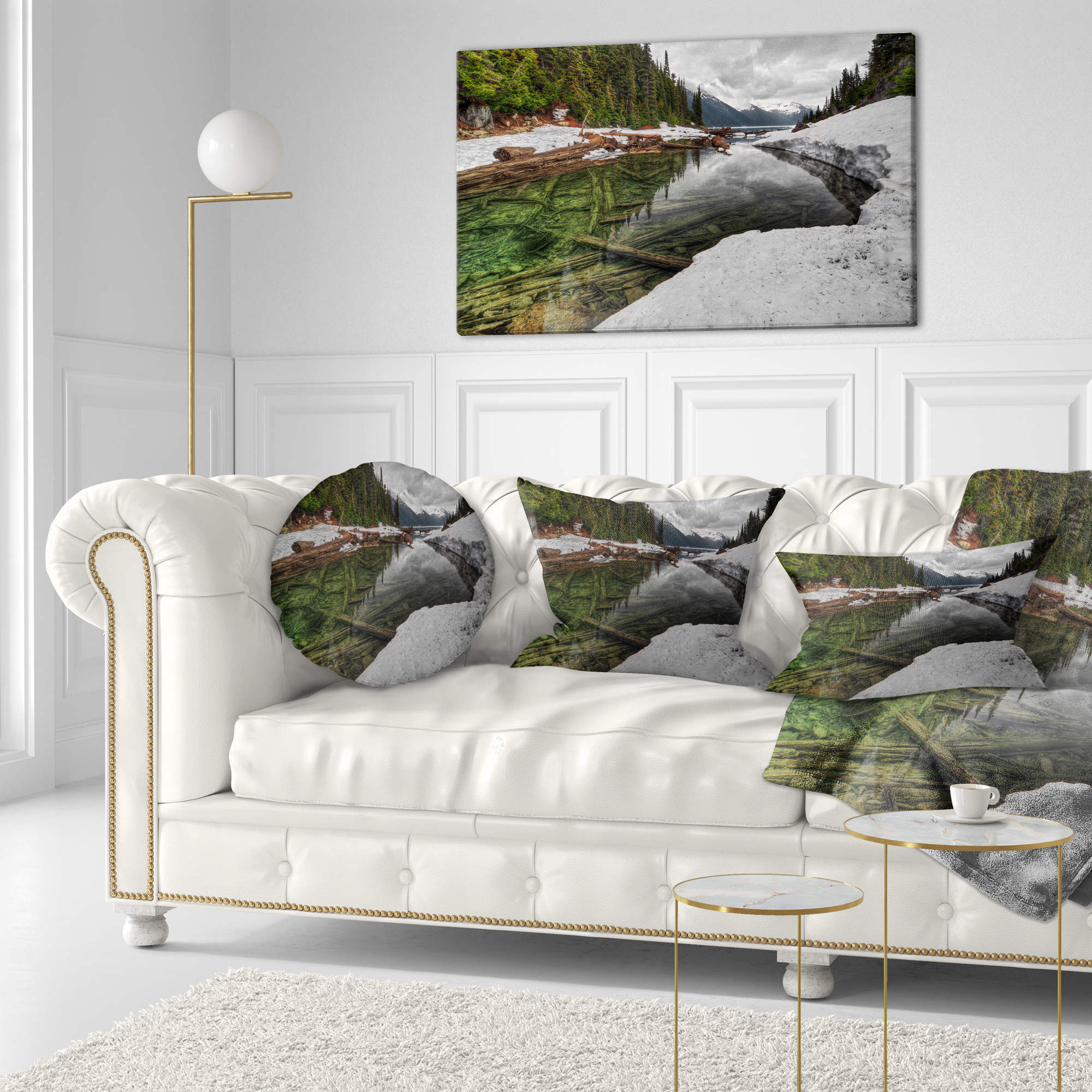 Designart Crystal Clear Lake with Pine Trees - Landscape Printed Throw Pillow - 12x20