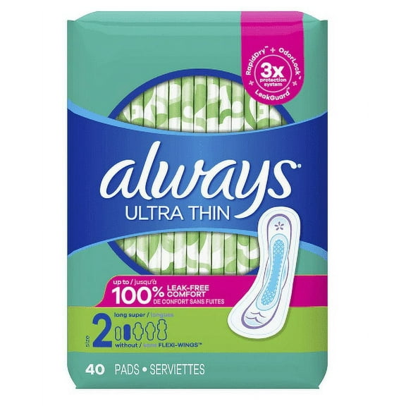 Always Ultra Thin Pads Long without Wings Unscented, Size 2, 40 ea