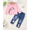 thumbnail image 2 of 4T Baby Girls Outfits 5T Girls Fall Winter Pant Sets Toddler Girls Long Sleeve Unicorn Print Top Jeans Pants 2PCS Set Pink, 2 of 8