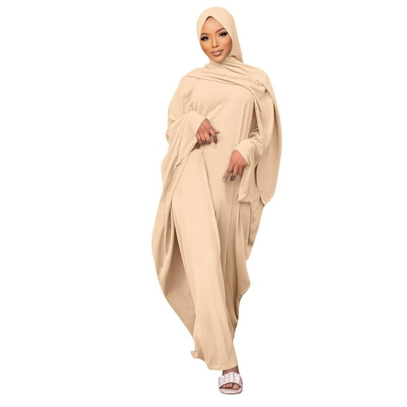FYMNSI Women's Long Sleeve Abaya Muslim Dress One-Piece Prayer Hijab Dress Kaftan Jilbab Thobe Maxi Long Khimar Dress with Hijab
