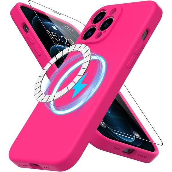 Magnetic for iPhone 12 Pro Case Silicone with Screen Protector - [Compatible with MagSafe] - Enhanced Camera Cover - Slim Fit Protective Phone Case 6.1" for Women Girls - Hot Pink