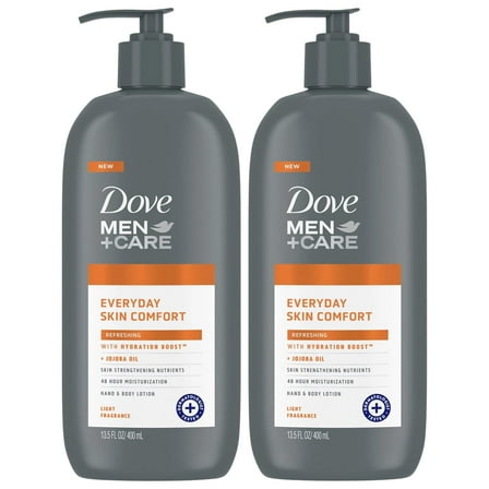 Dove Hand & Body Lotion, Men Care Value Pack – Everyday Skin Comfort Formula with Shea Butter & Jojoba Oil, Refreshing Lotion for Dry Skin, 13.5 Fl Oz (Pack of 2)