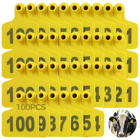 100 PCS Cattle Ear Tags, Quality Yellow Plastic Tags, 001-100 Number Laser Printed, Easy Use with Round Tip, Livestock Identification Tools