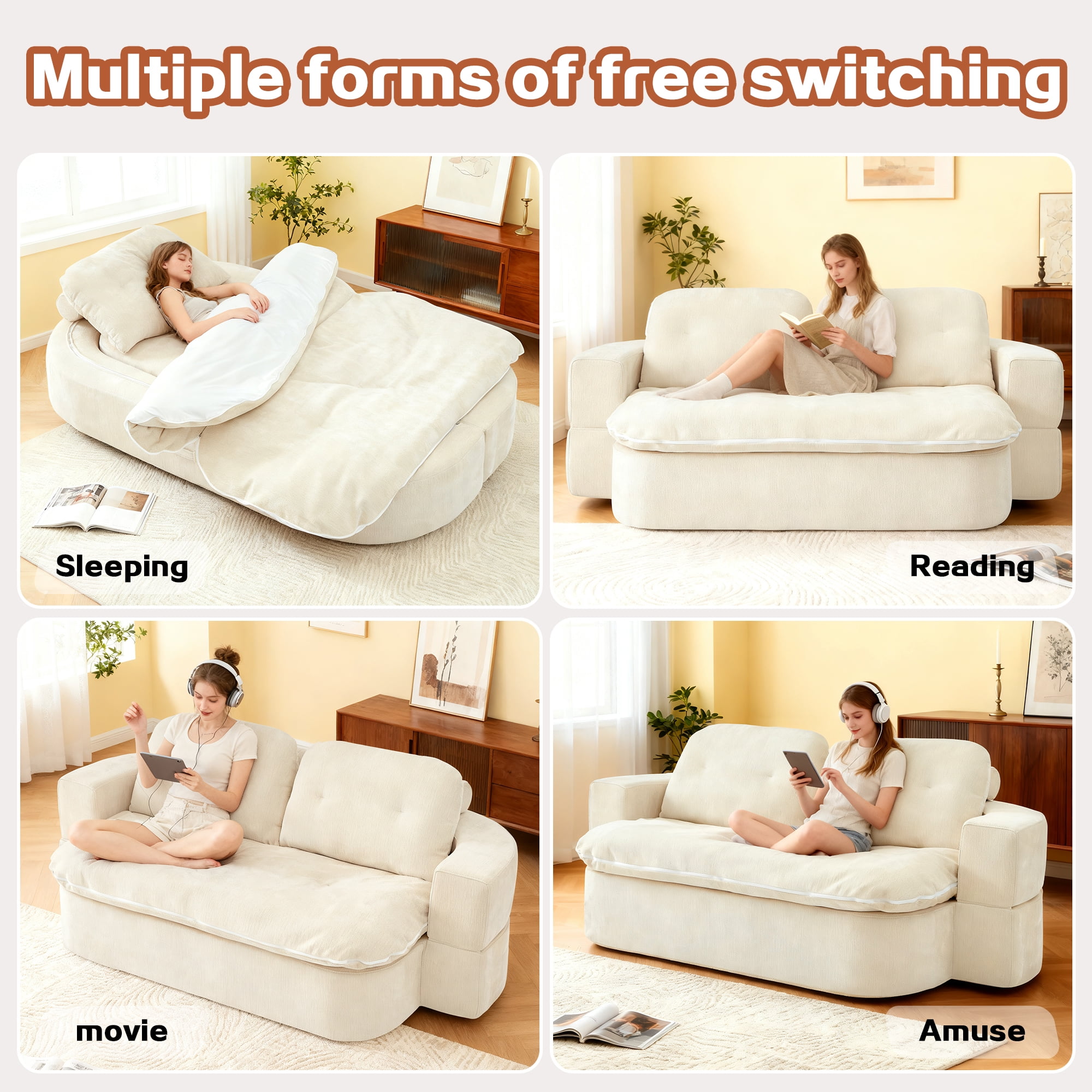 Jopath Sleeper Sofa Bed with 2 Pillows,Corduroy Convertible Futon Sleeper Sofa Couch,Modern Floor Sofa Bed,Folding Mattress for Living Room,Small Spaces,Cream