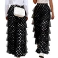 thumbnail image 3 of Women'S Long Tiered Ruffled Tulle Pants High Waist Stripe Print Layered Mesh Wide Leg Palazzo Pants Black L, 3 of 7